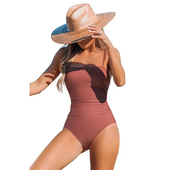 Cupshe Women's Sandy Shirred Strappy Cutout One Piece Swimsuit Brick Size Small - Picture 2 of 7